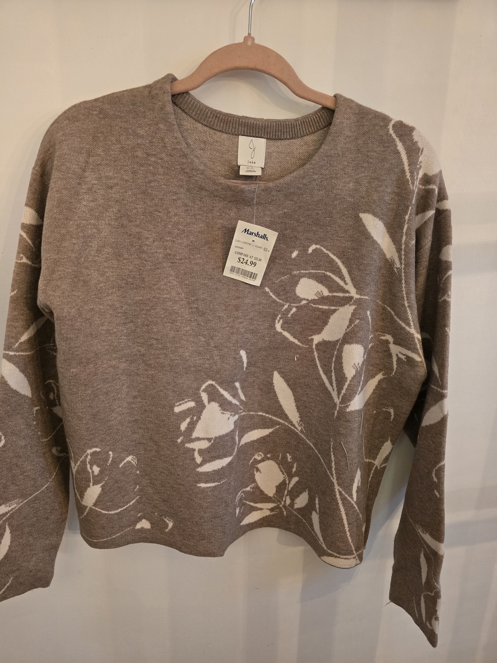 Joie Taupe and Cream Floral Crewneck Sweater